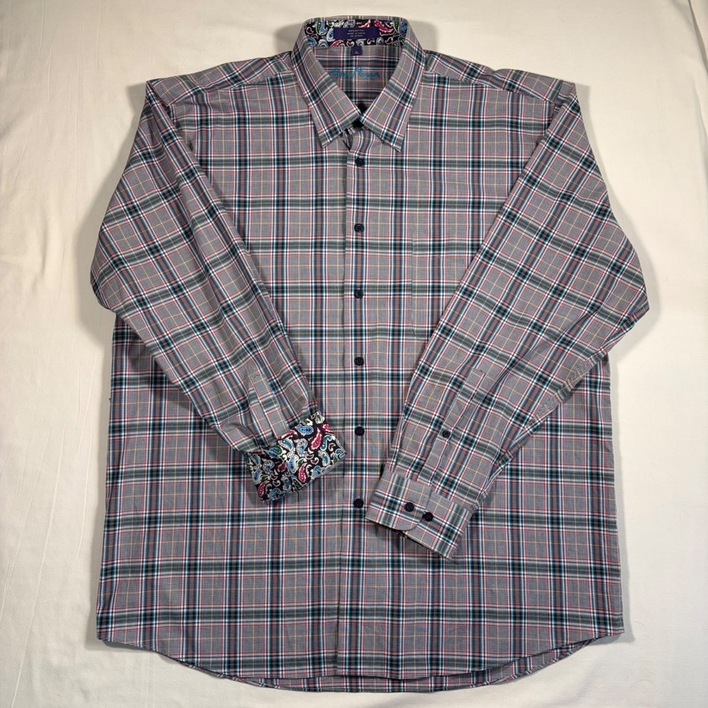 Alan Flusser Mens XL Plaid Button Down Shirt Cotton Paisley Cuffs Multi-Color